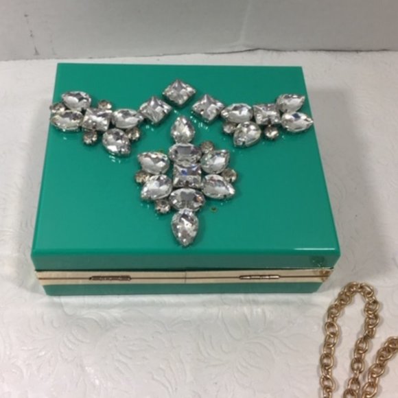 Fashionable Rhinestone Hardcase Box Turquoise Glam Clutch Crossbody 5x6 - Picture 4 of 13